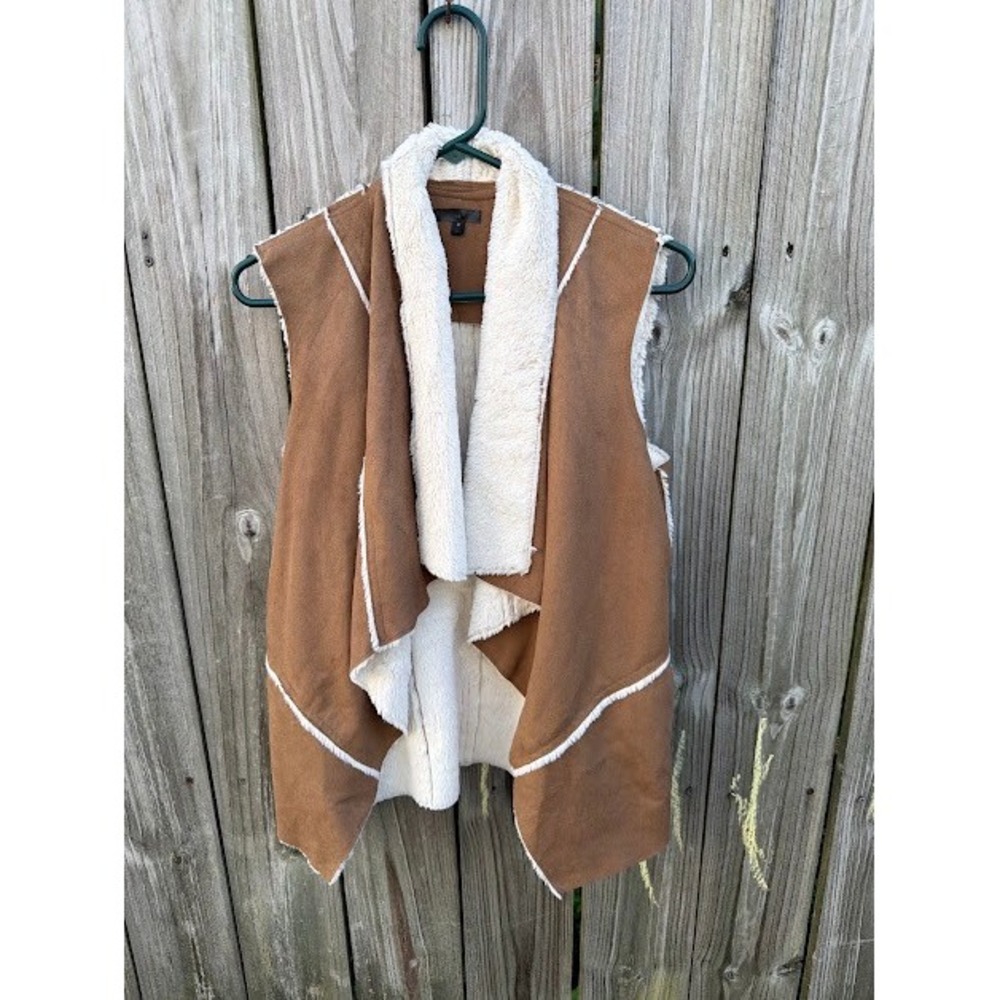 Boho Western Banana Republic Faux Shearling Suede Vest M Brown Draped Waterfall